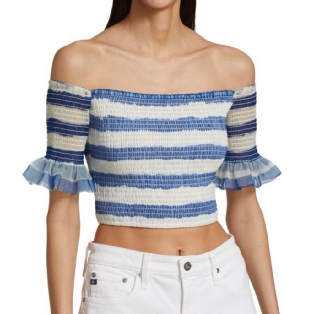 STAUD Doric Crop Top Painted Stripe L Blue White Smocked Off Shoulder Boho Chic